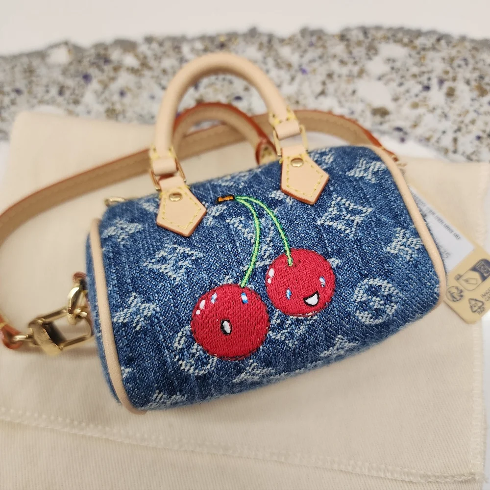 LOUIS VUITTON 2025 LV x TM Murakami Cerises Cherry Denim Micro Speedy Bag Charm - Picture 3 of 8